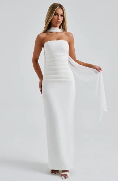 Daphne | Elegant Halter Neck Maxi Dress with Mesh Sleeves - Emma's Dresses