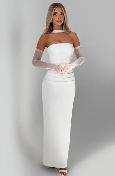 Daphne | Elegant Halter Neck Maxi Dress with Mesh Sleeves - Emma's Dresses