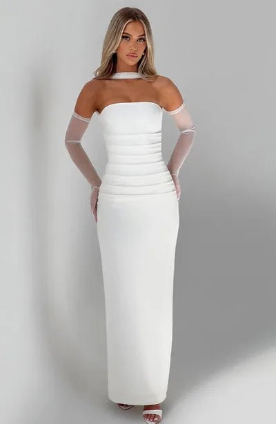 Daphne | Elegant Halter Neck Maxi Dress with Mesh Sleeves - Emma's Dresses
