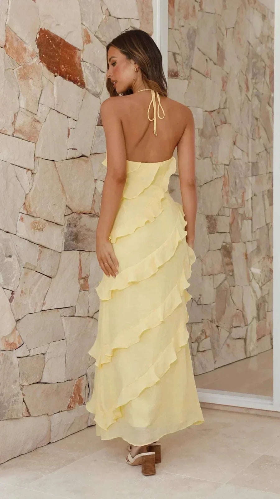 Harriet | Elegant Halter Neck Tiered Ruffle Maxi Dress - Emma's Dresses