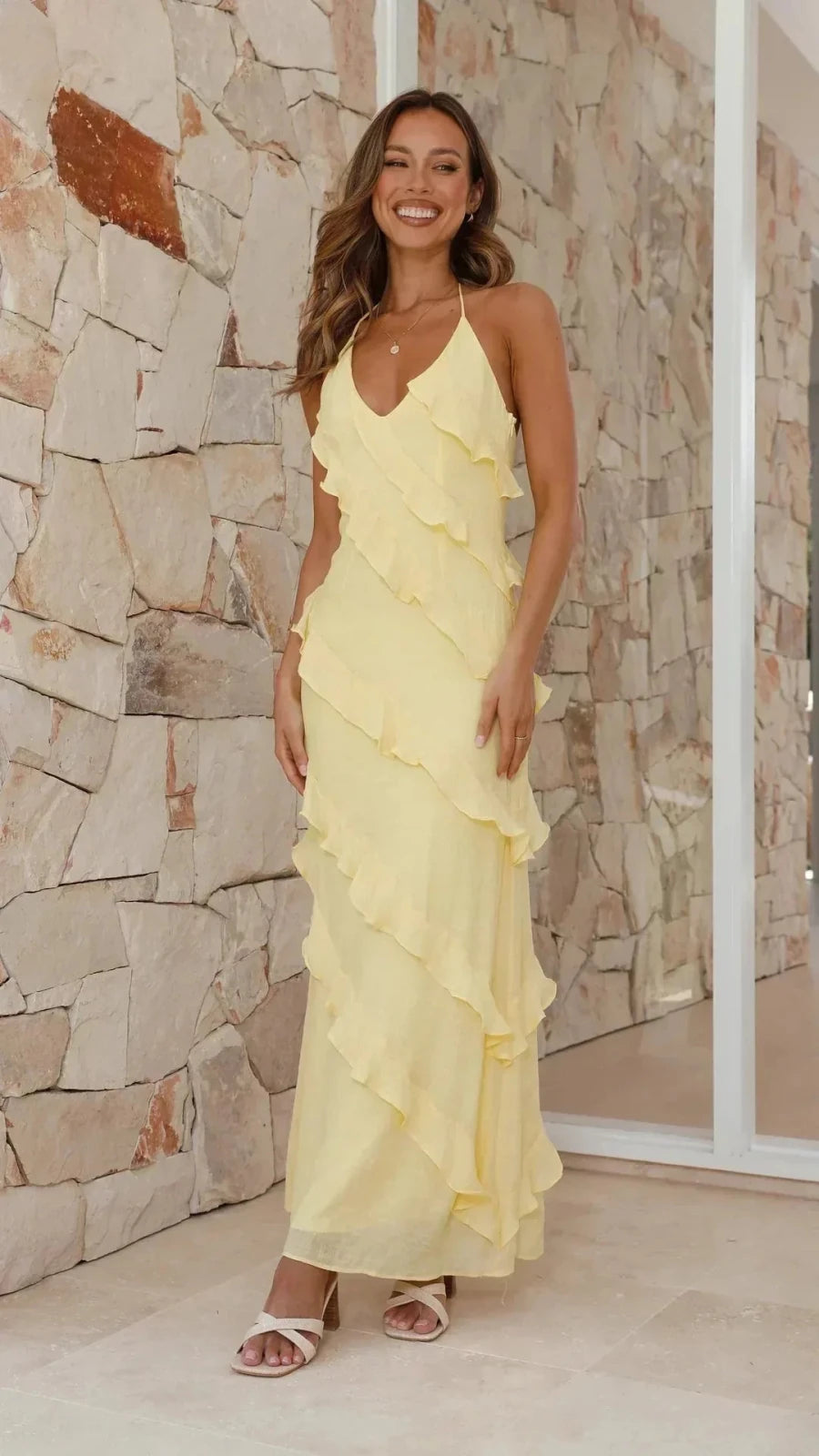 Harriet | Elegant Halter Neck Tiered Ruffle Maxi Dress - Emma's Dresses