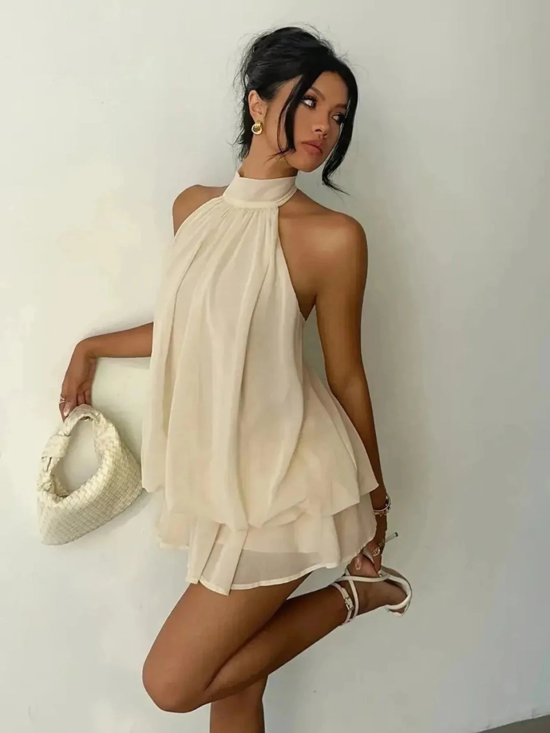 Thea | Elegant White Halter Tiered Mini Dress - Emma's Dresses