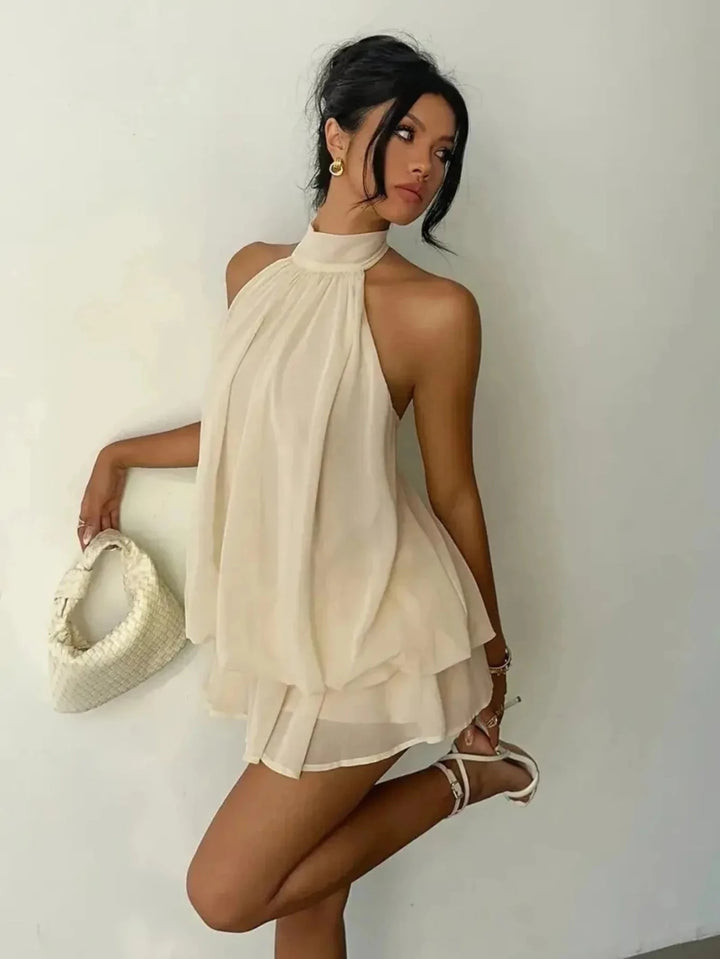 Thea | Elegant White Halter Tiered Mini Dress - Emma's Dresses
