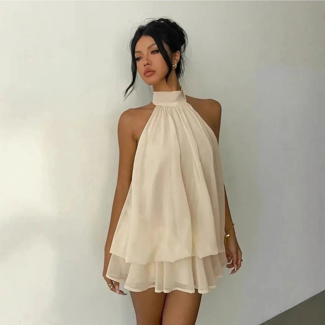 Thea | Elegant White Halter Tiered Mini Dress - Emma's Dresses