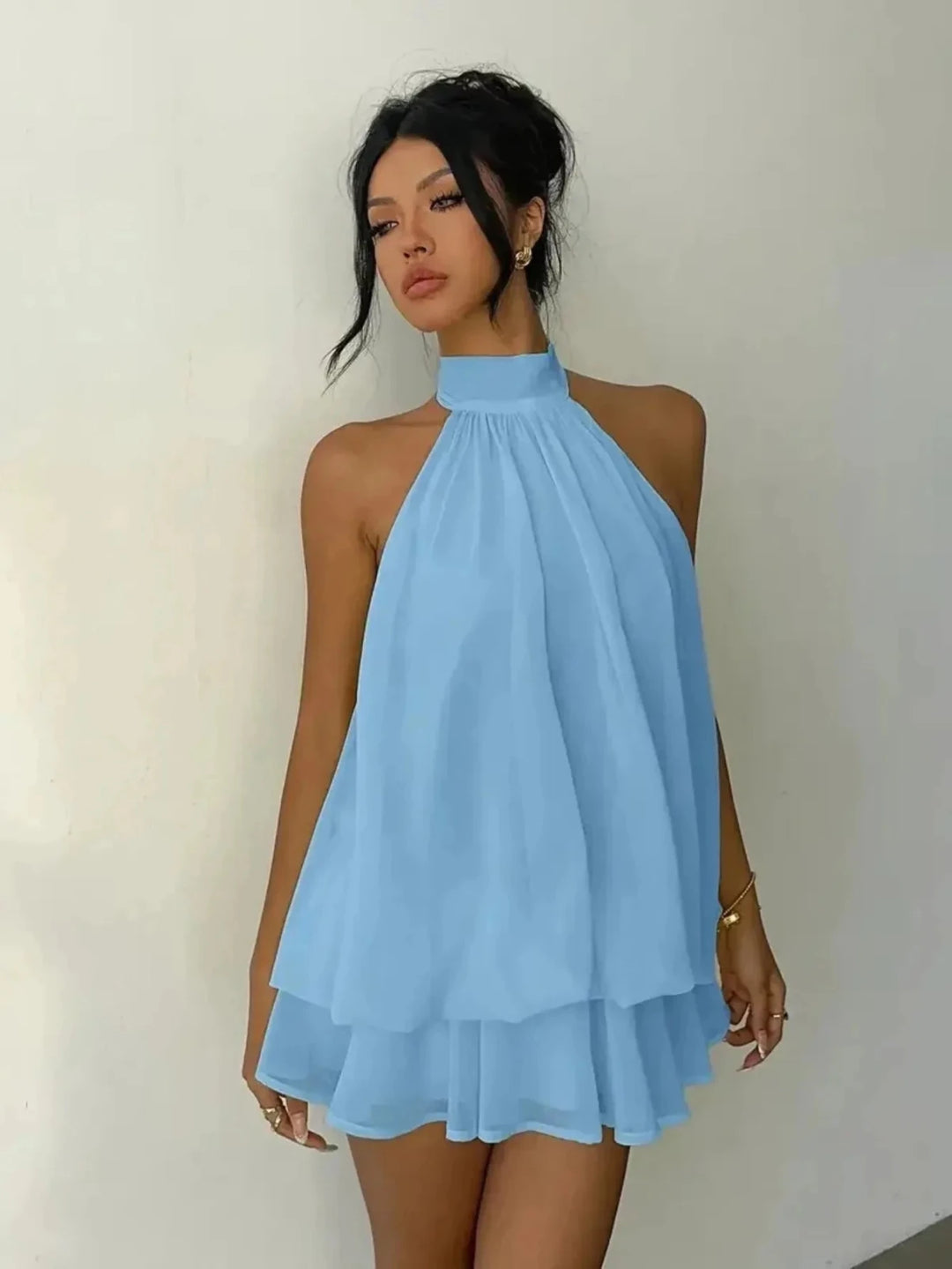 Thea | Elegant White Halter Tiered Mini Dress - Emma's Dresses