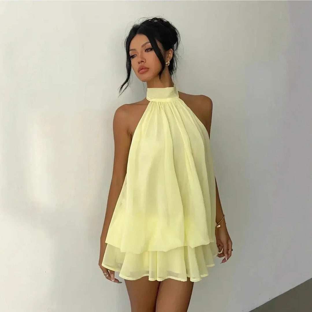 Thea | Elegant White Halter Tiered Mini Dress - Emma's Dresses