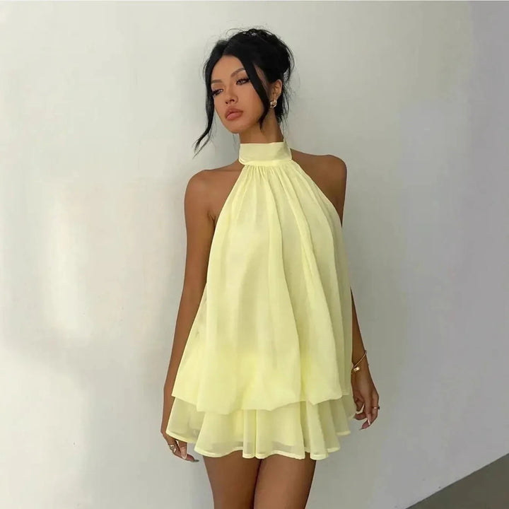 Thea | Elegant White Halter Tiered Mini Dress - Emma's Dresses