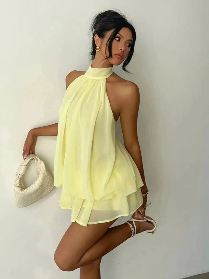 Thea | Elegant White Halter Tiered Mini Dress - Emma's Dresses