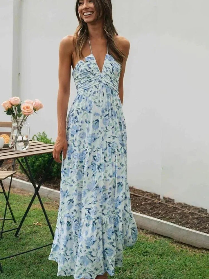 Isabella | Orange Halterneck Tiered Floral Maxi Dress - Emma's Dresses