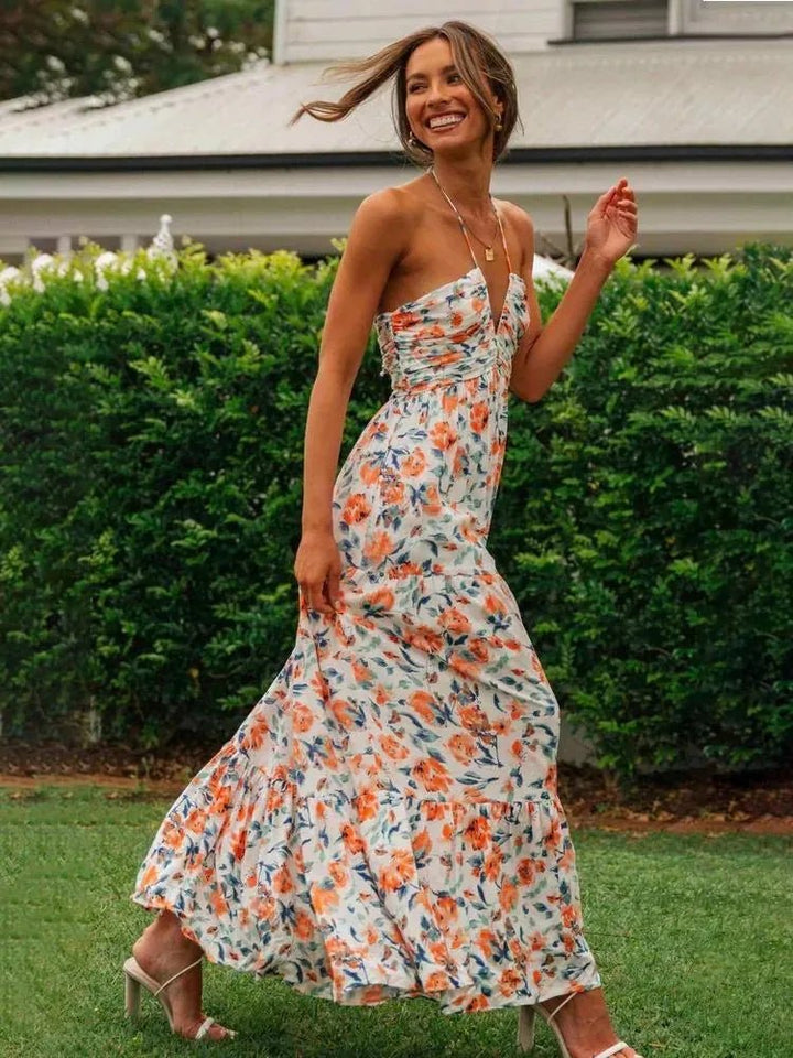 Ophelia | Elegant Floral Halterneck Tiered Maxi Dress - Emma's Dresses