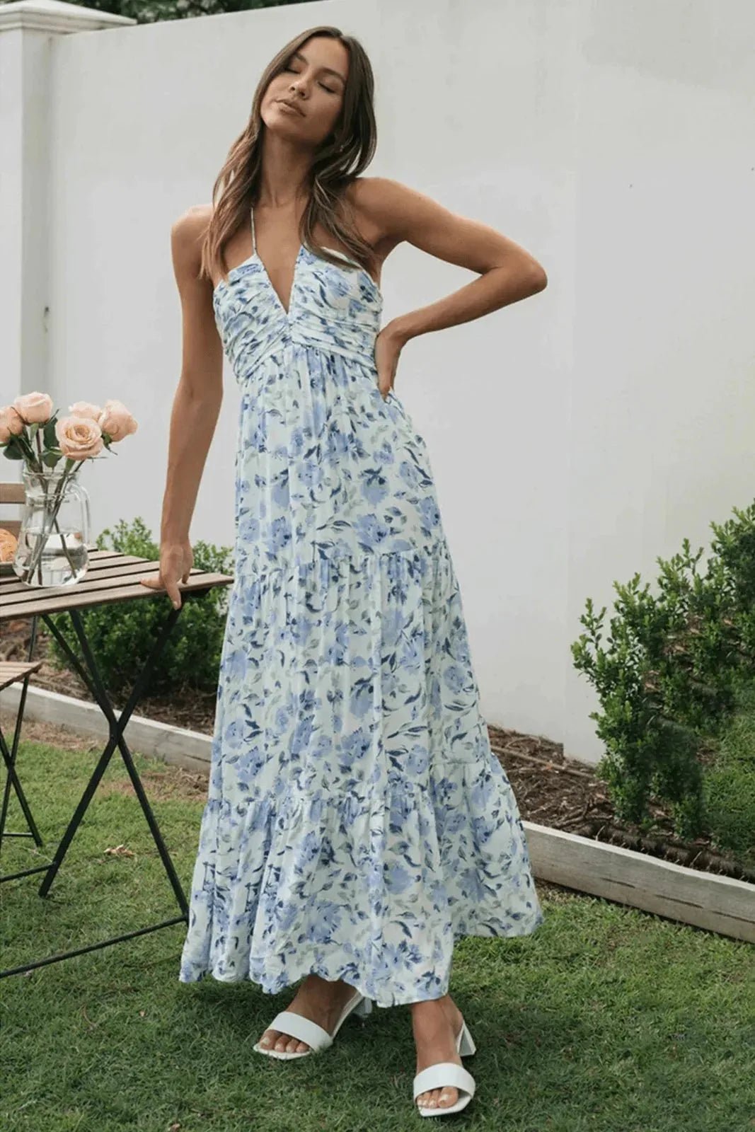 Ophelia | Elegant Floral Halterneck Tiered Maxi Dress - Emma's Dresses