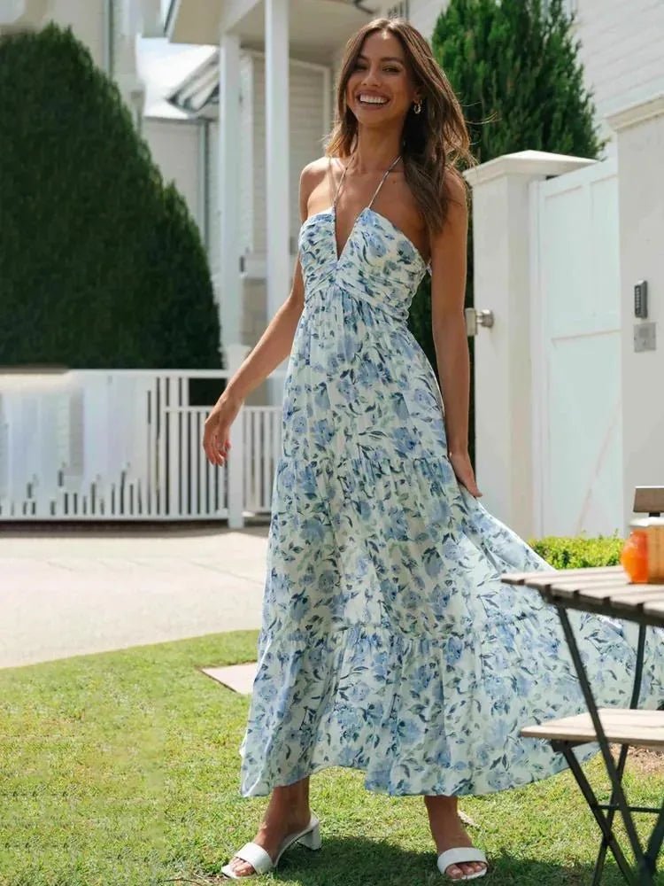 Ophelia | Elegant Floral Halterneck Tiered Maxi Dress - Emma's Dresses