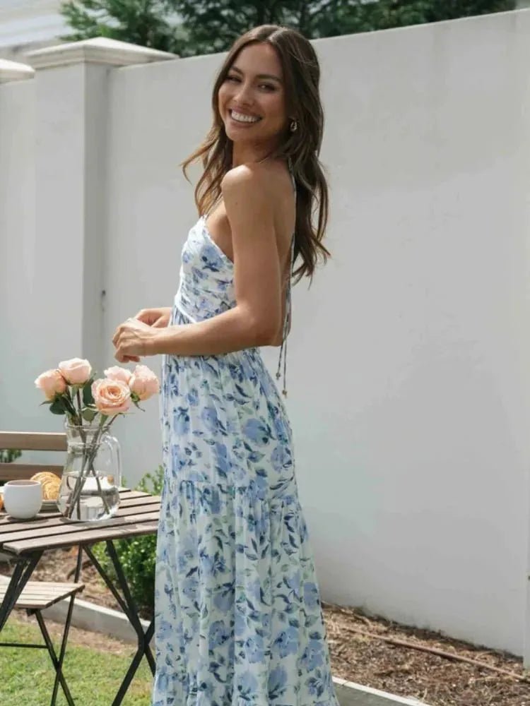 Ophelia | Elegant Floral Halterneck Tiered Maxi Dress - Emma's Dresses