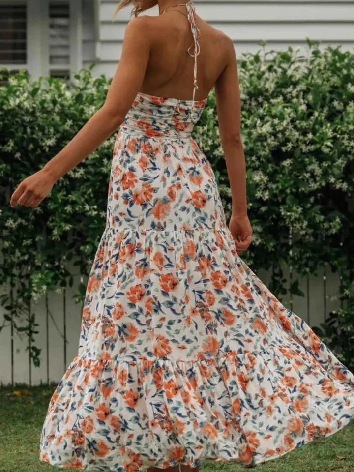 Isabella | Orange Halterneck Tiered Floral Maxi Dress - Emma's Dresses