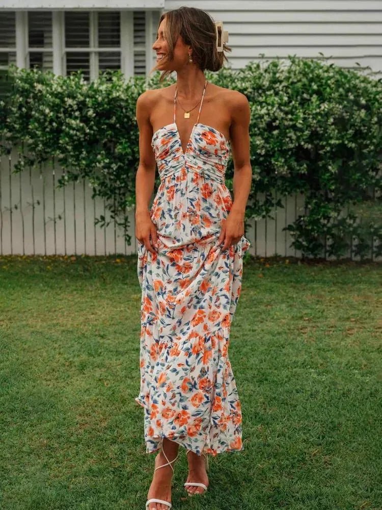 Isabella | Orange Halterneck Tiered Floral Maxi Dress - Emma's Dresses