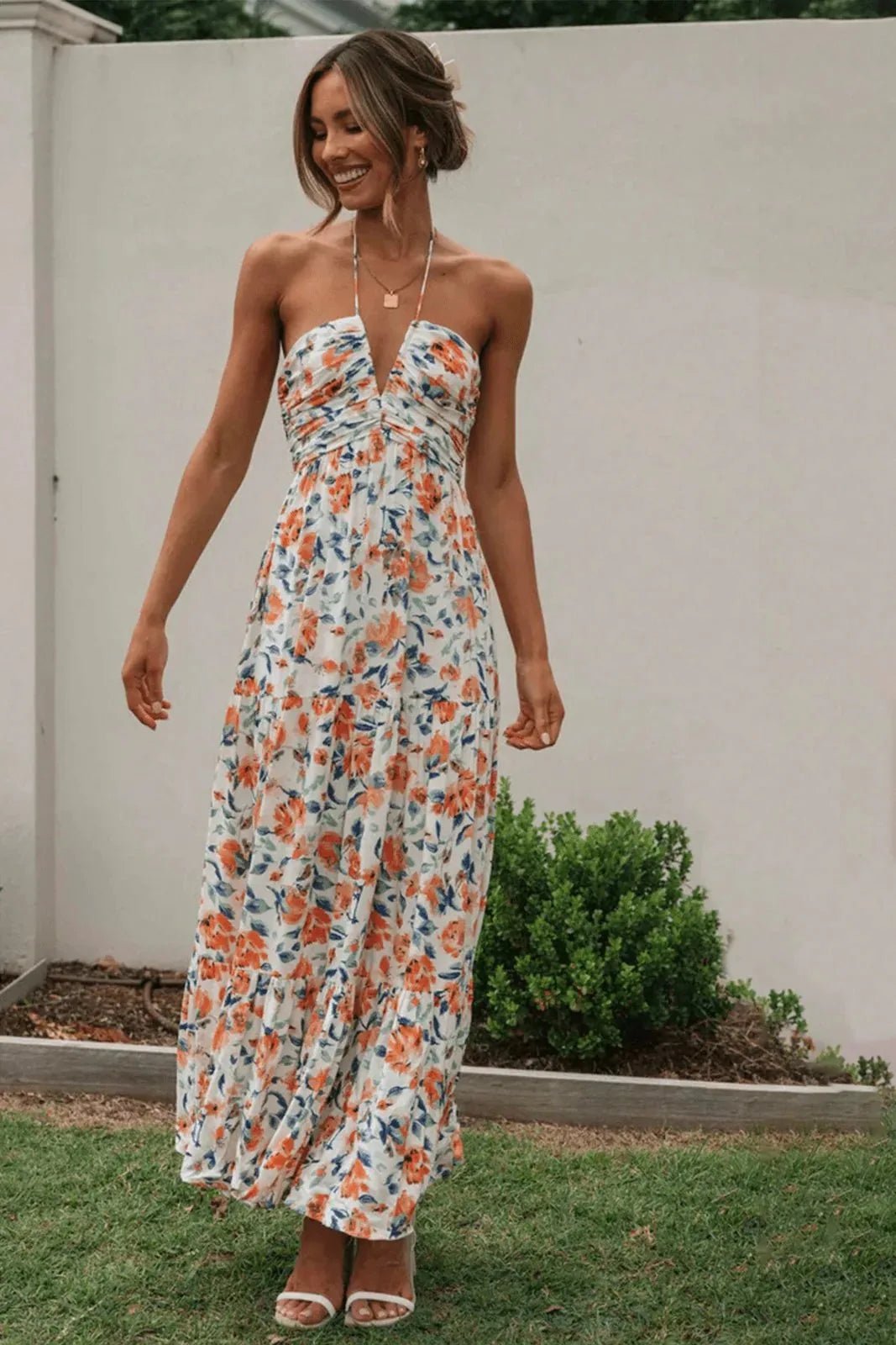 Isabella | Orange Halterneck Tiered Floral Maxi Dress - Emma's Dresses