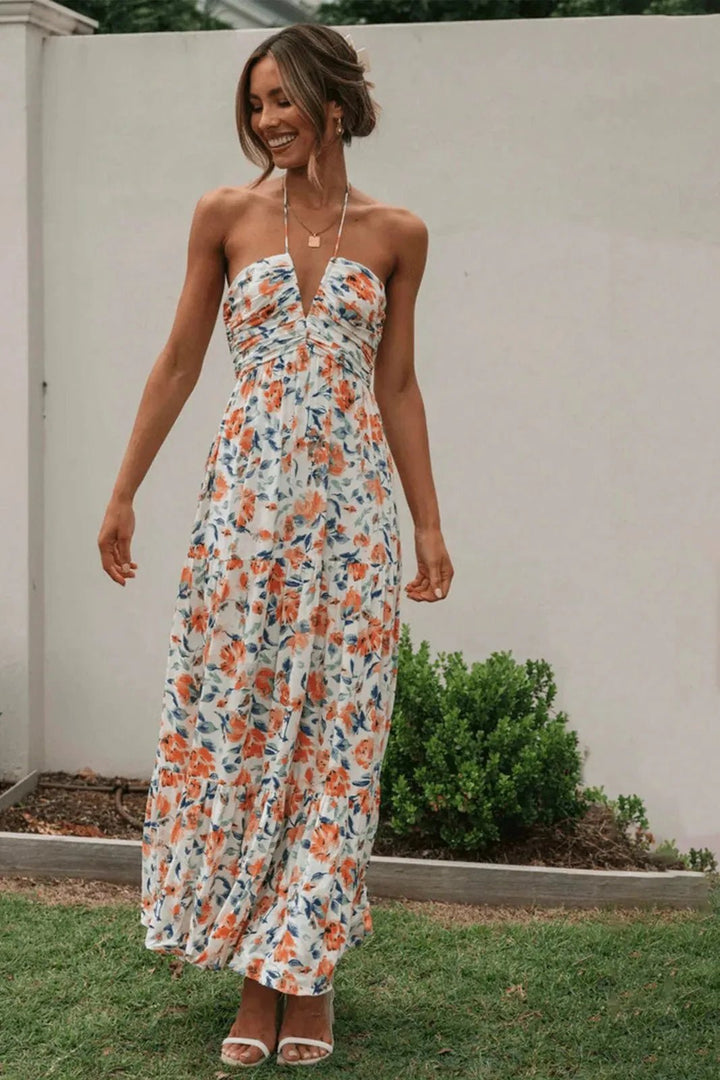 Isabella | Orange Halterneck Tiered Floral Maxi Dress - Emma's Dresses