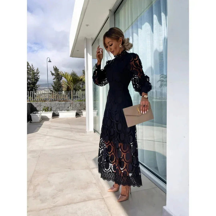 Celeste | Elegant Lace High Neck Maxi Dress with Long Sleeves - Emma's Dresses