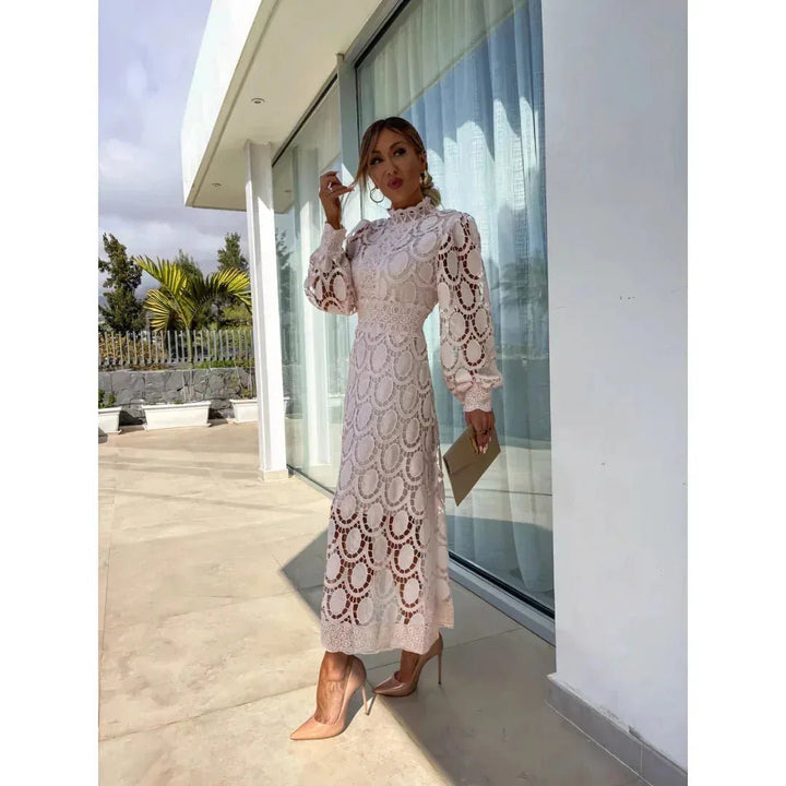 Celeste | Elegant Lace High Neck Maxi Dress with Long Sleeves - Emma's Dresses