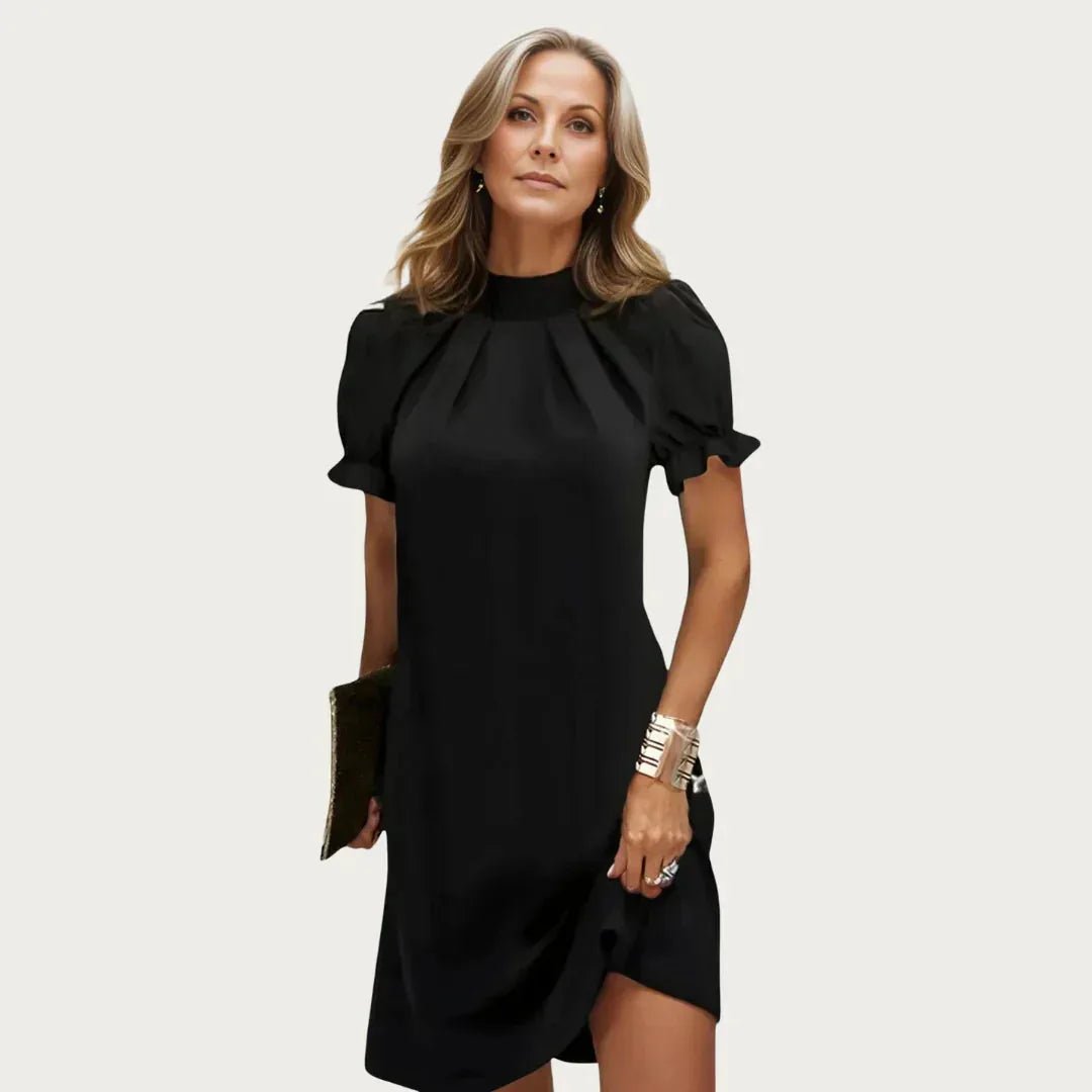 Scarlett | Elegant Black High Neck Puff Sleeve Mini Dress - Emma's Dresses