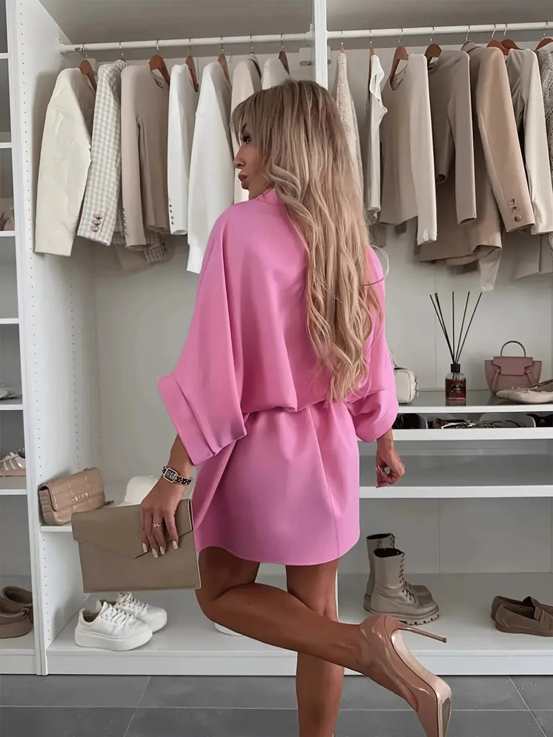 Coralie | Elegant Hooded Pink Midi Dress with Batwing Sleeves - Emma's Dresses