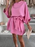 Coralie | Elegant Hooded Pink Midi Dress with Batwing Sleeves
