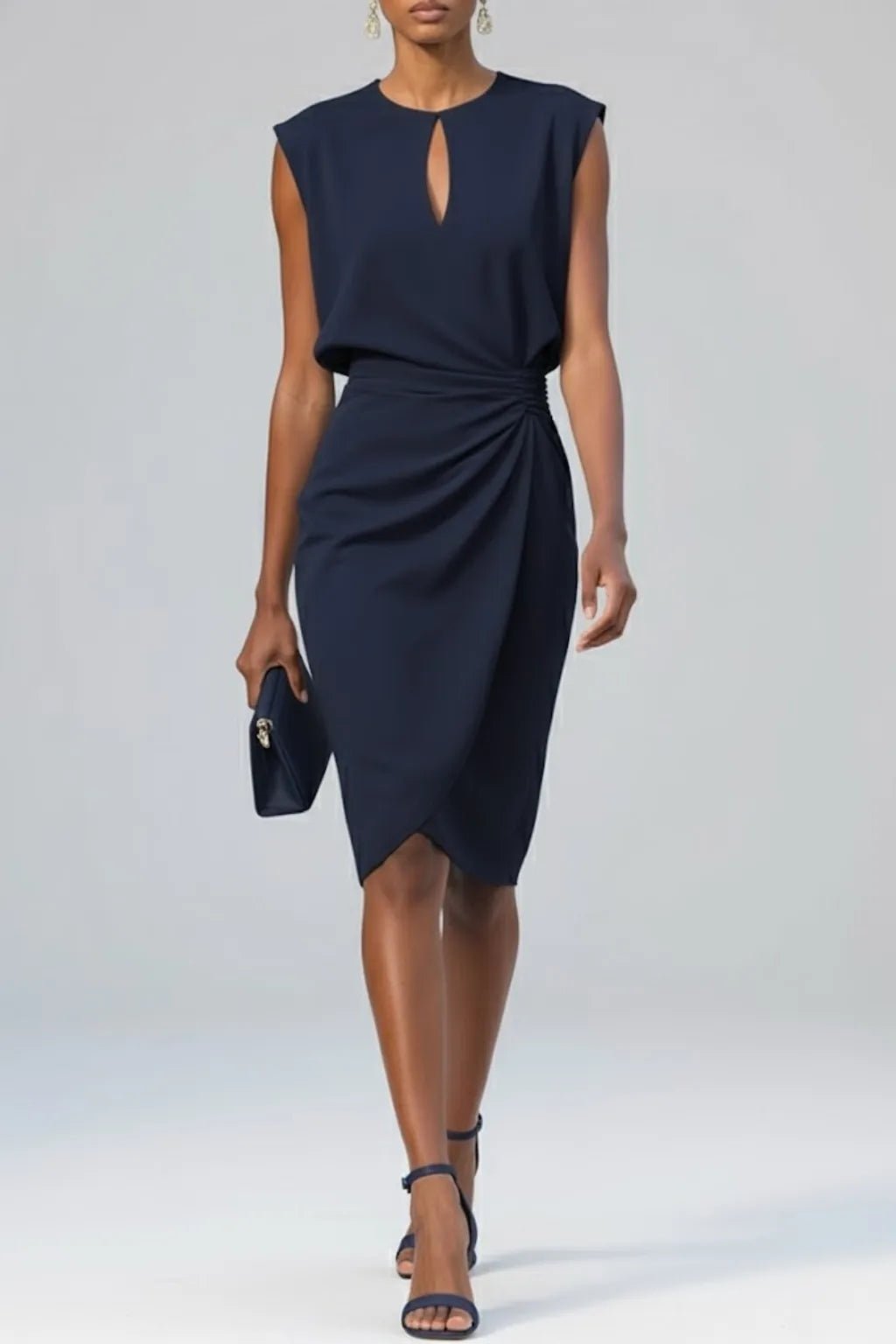 Maya | Elegant Keyhole Neck Ruched Midi Dress Sleeveless - Emma's Dresses