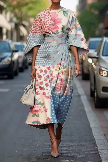 Mia | Elegant Floral Kimono Sleeve Midi Dress - Emma's Dresses