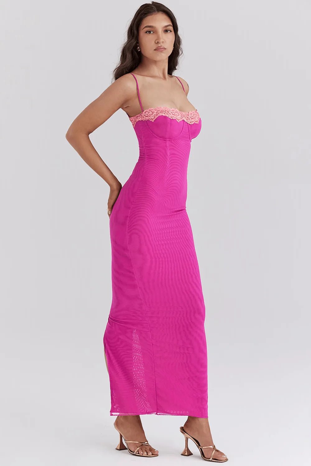 Coralie | Elegant Orange Lace Detail Bodycon Maxi Dress - Emma's Dresses