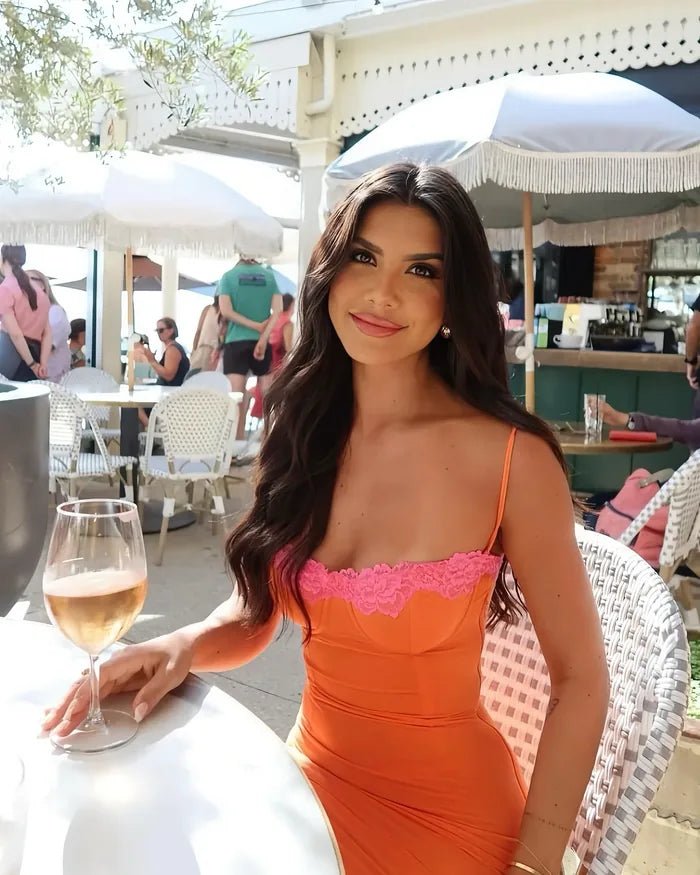 Coralie | Elegant Orange Lace Detail Bodycon Maxi Dress - Emma's Dresses