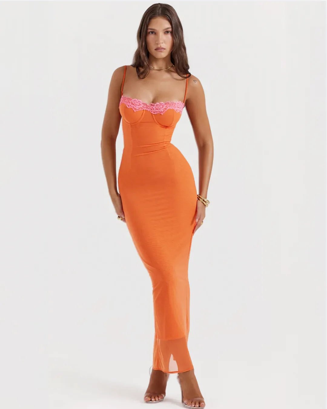 Coralie | Elegant Orange Lace Detail Bodycon Maxi Dress - Emma's Dresses