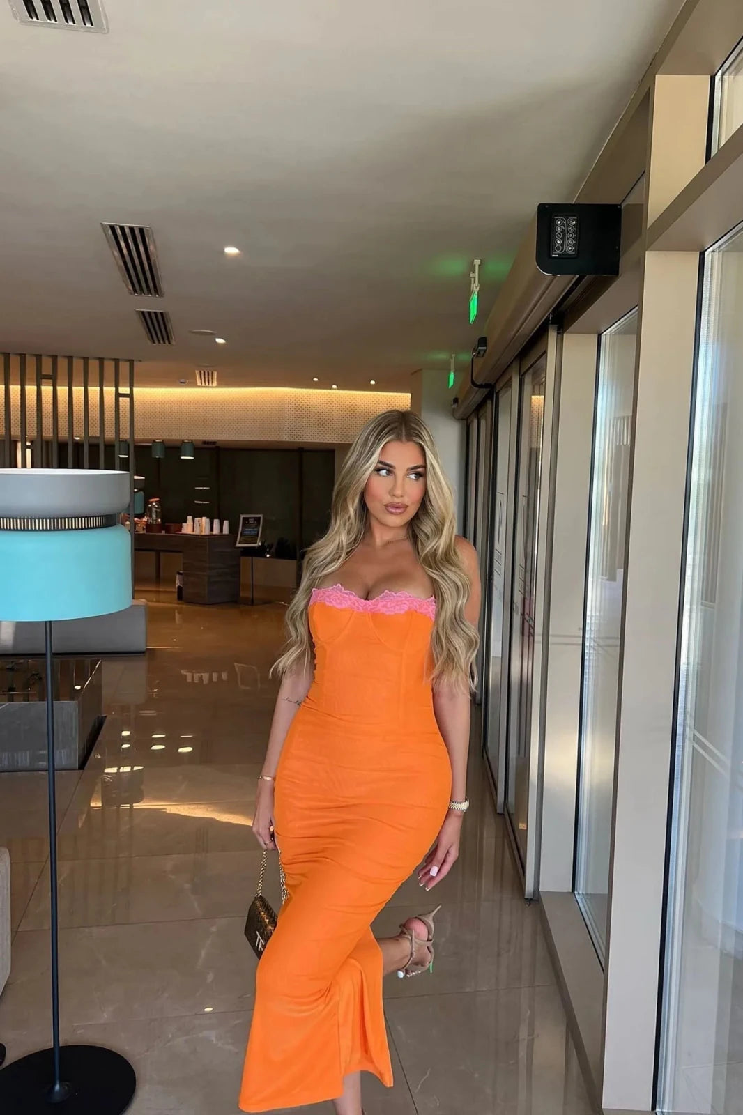 Coralie | Elegant Orange Lace Detail Bodycon Maxi Dress - Emma's Dresses