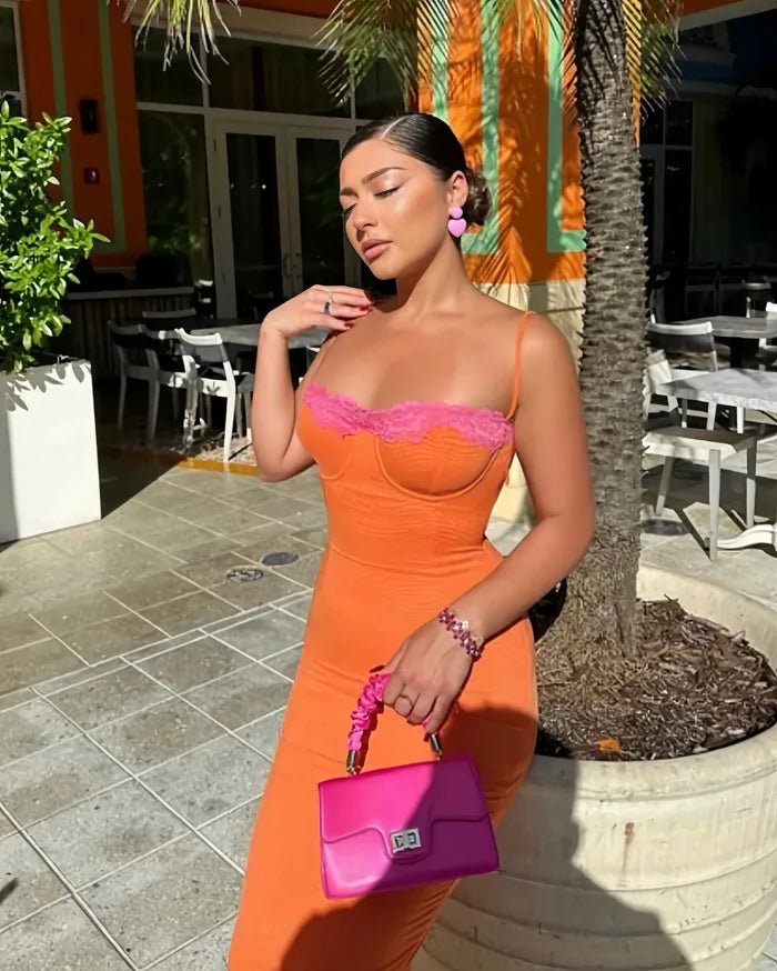 Coralie | Elegant Orange Lace Detail Bodycon Maxi Dress - Emma's Dresses
