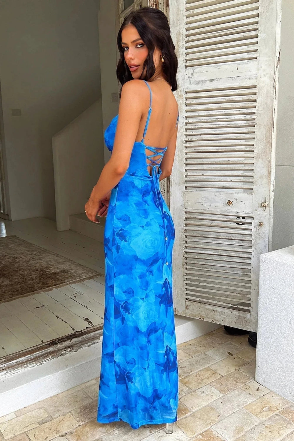 Margot | Elegant Floral Lace-Up Back Maxi Dress – view 2