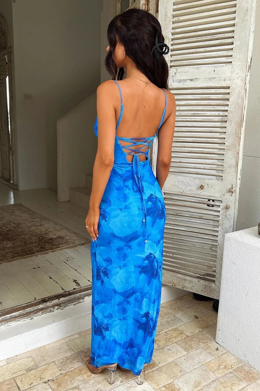Margot | Elegant Floral Lace-Up Back Maxi Dress – view 6