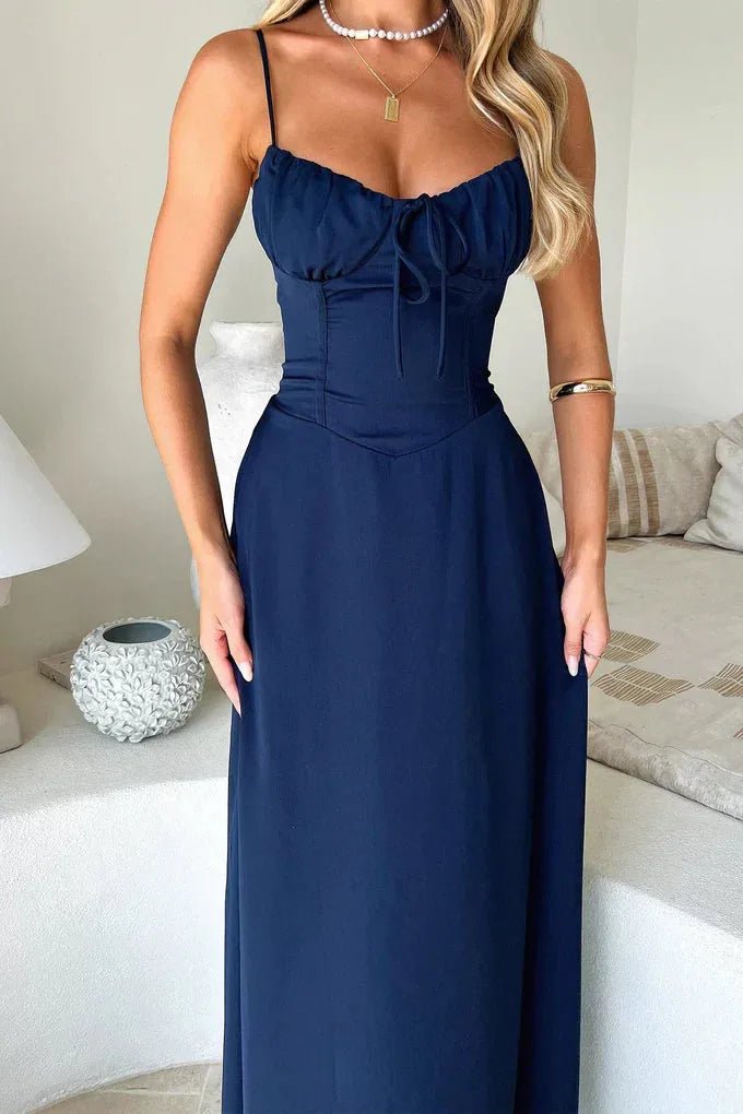 Penelope | Elegant Yellow Lace - Up Bustier Maxi Dress - Emma's Dresses