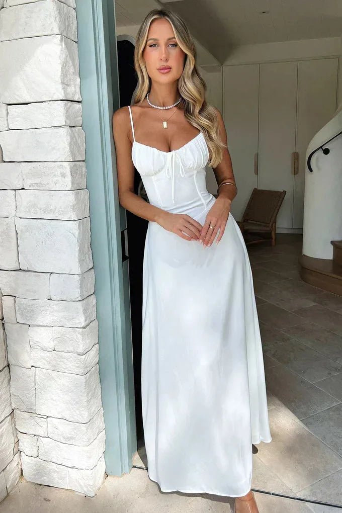 Penelope | Elegant Yellow Lace - Up Bustier Maxi Dress - Emma's Dresses