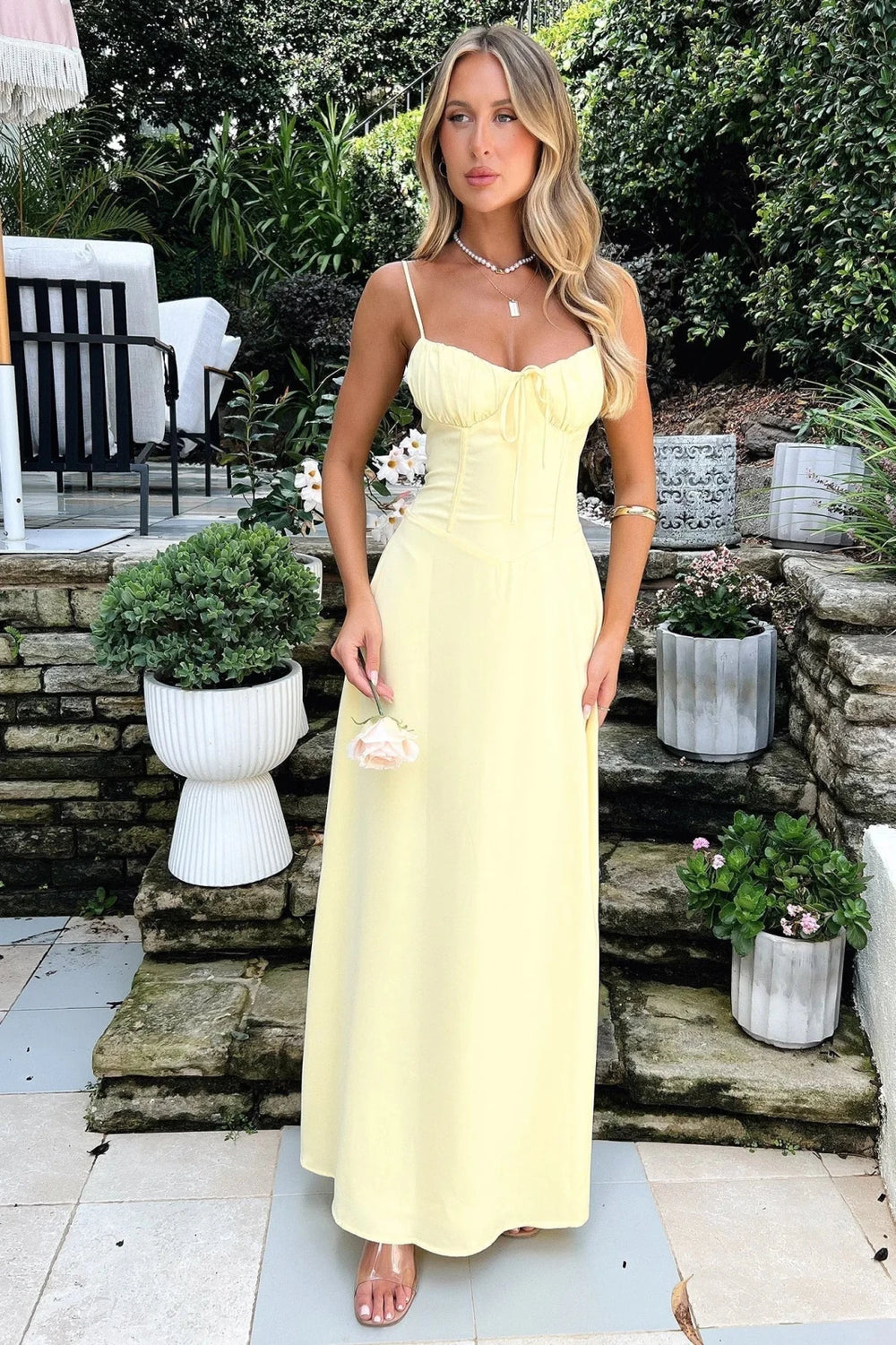 Penelope | Elegant Yellow Lace - Up Bustier Maxi Dress - Emma's Dresses