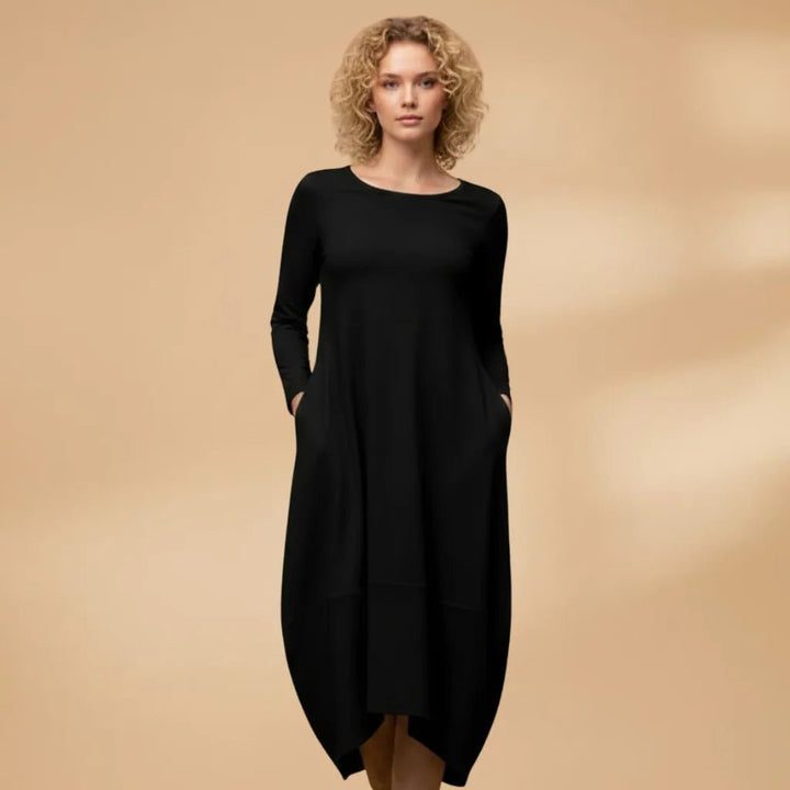 Ava | Elegant Long Sleeve Round Neck Midi Dress - Emma's Dresses
