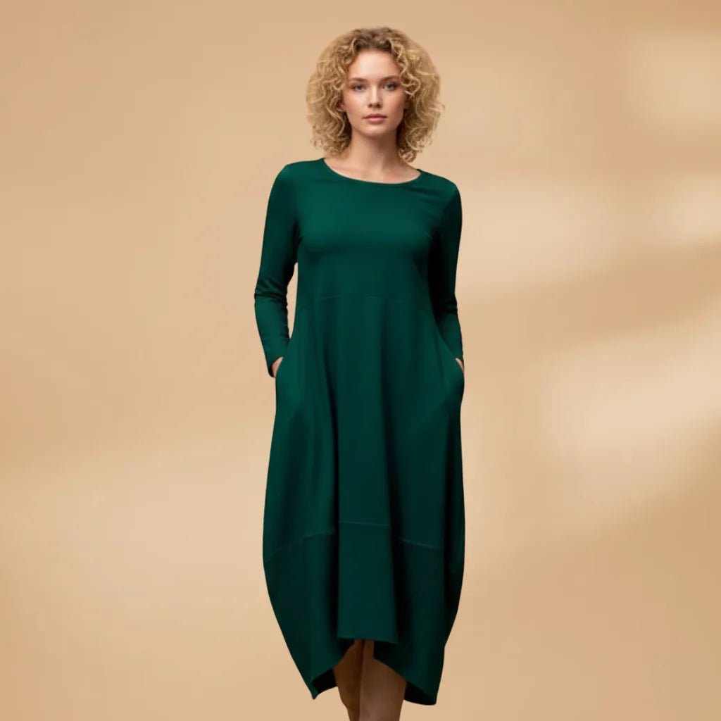 Ava | Elegant Long Sleeve Round Neck Midi Dress - Emma's Dresses