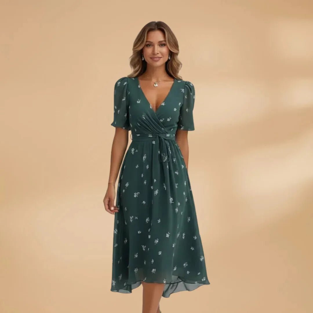 Eloise | Floral Midi Wrap Dress with V - Neck and Tie Waist - Emma's Dresses