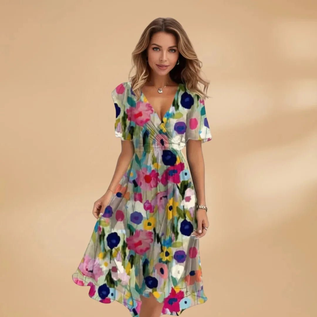 Eloise | Floral Midi Wrap Dress with V - Neck and Tie Waist - Emma's Dresses
