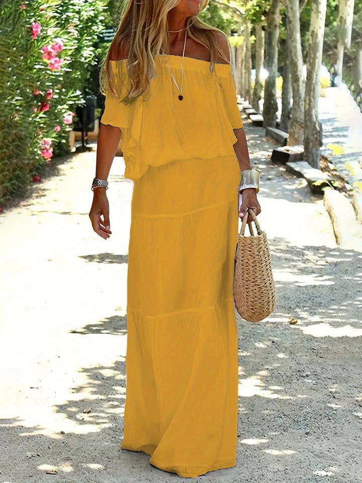 Thea | Elegant Off - Shoulder Yellow Maxi Dress - Emma's Dresses