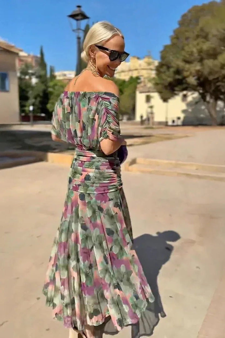 Zoe | Elegant Off - Shoulder Floral Print Maxi Dress - Emma's Dresses