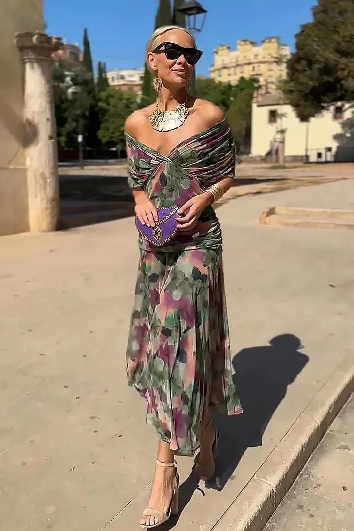 Zoe | Elegant Off - Shoulder Floral Print Maxi Dress - Emma's Dresses