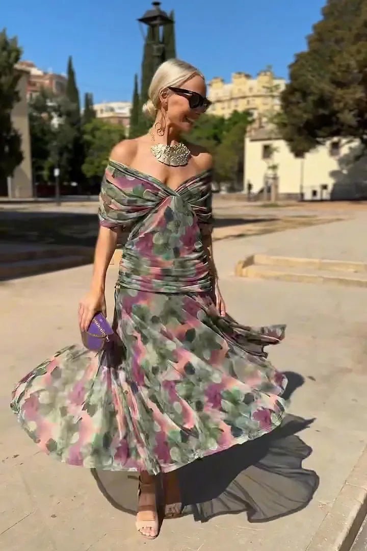 Zoe | Elegant Off - Shoulder Floral Print Maxi Dress - Emma's Dresses
