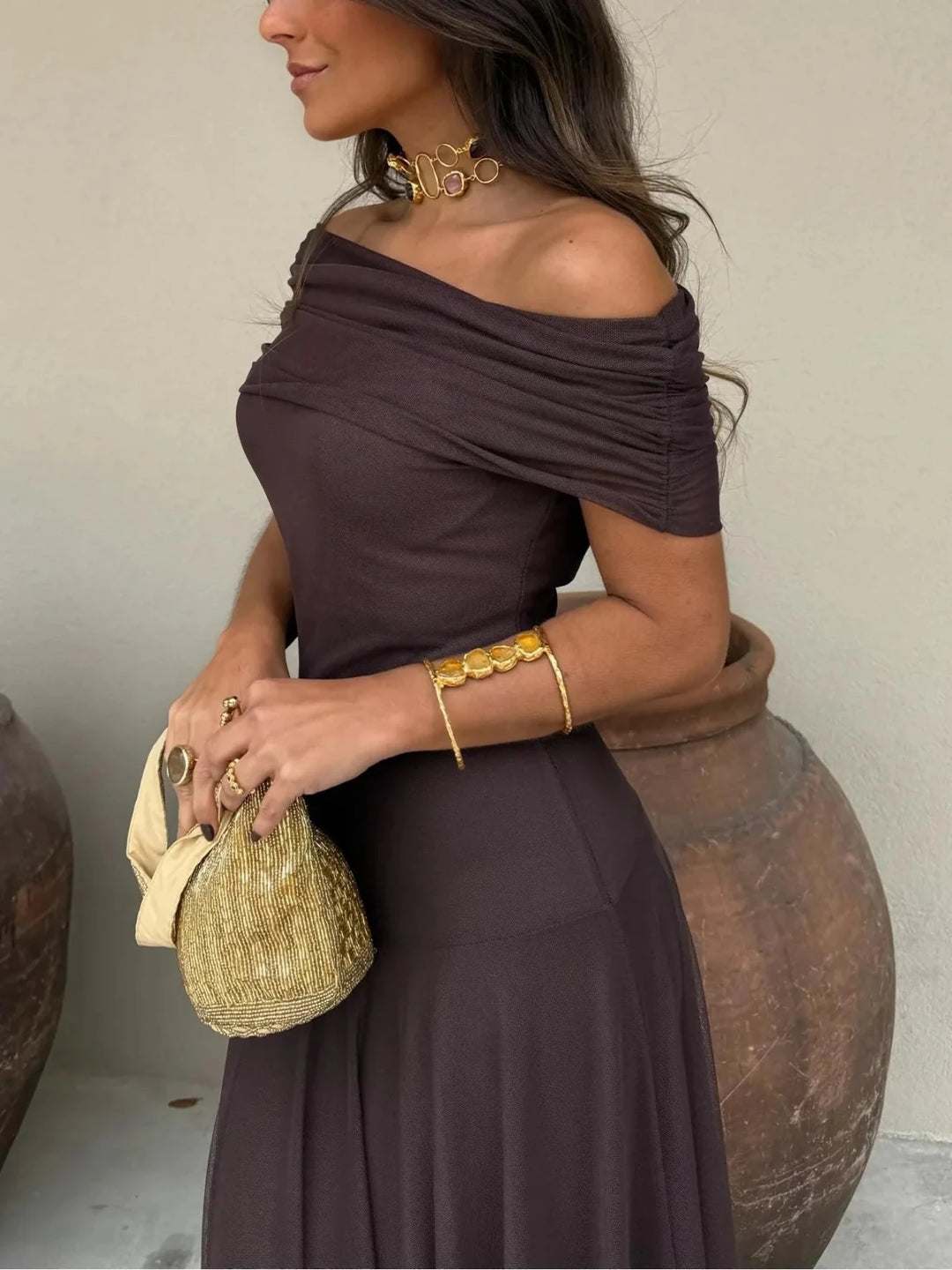 Margaret | Elegant Off - Shoulder Ruched Maxi Dress - Emma's Dresses
