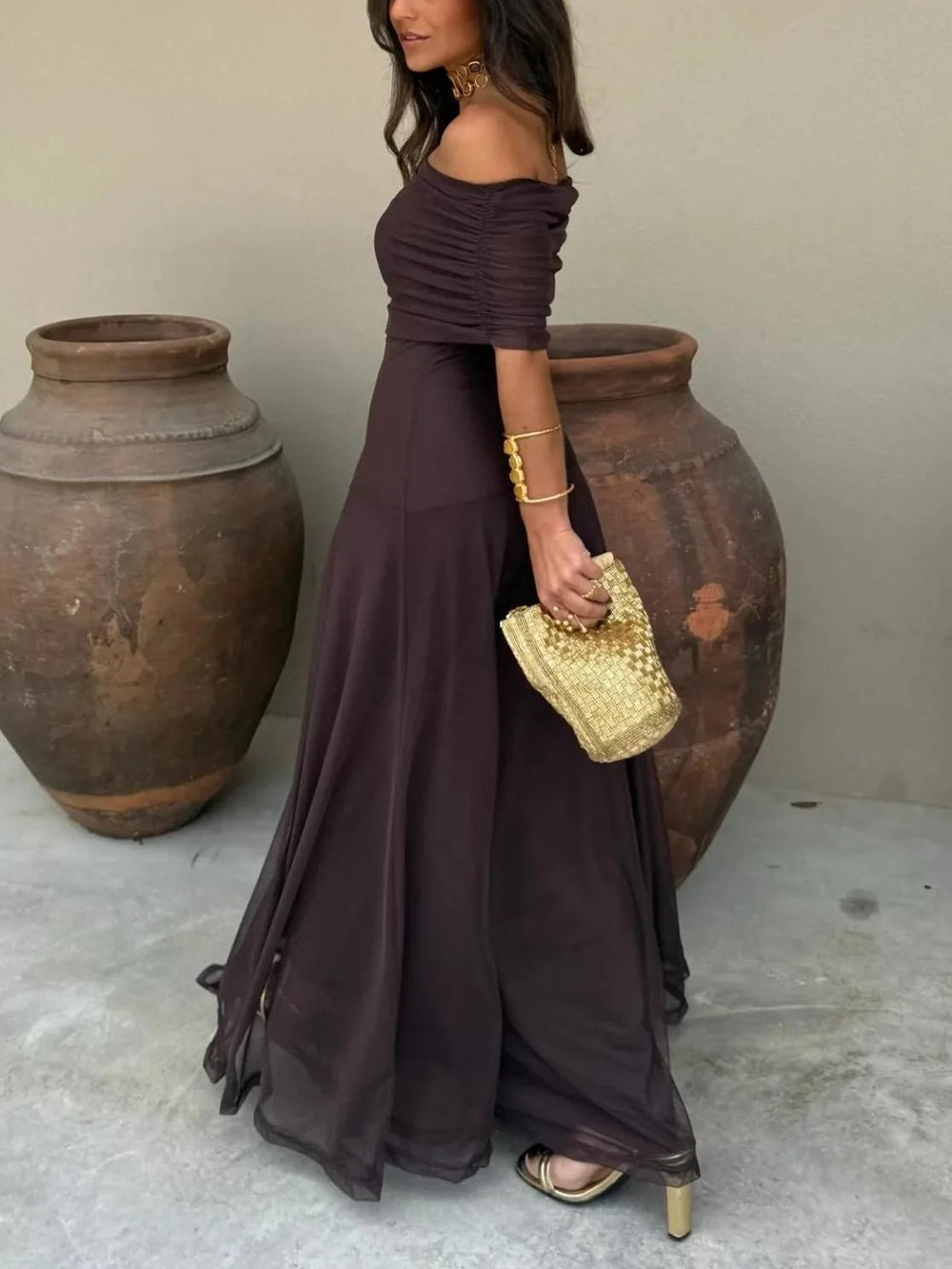 Margaret | Elegant Off - Shoulder Ruched Maxi Dress - Emma's Dresses