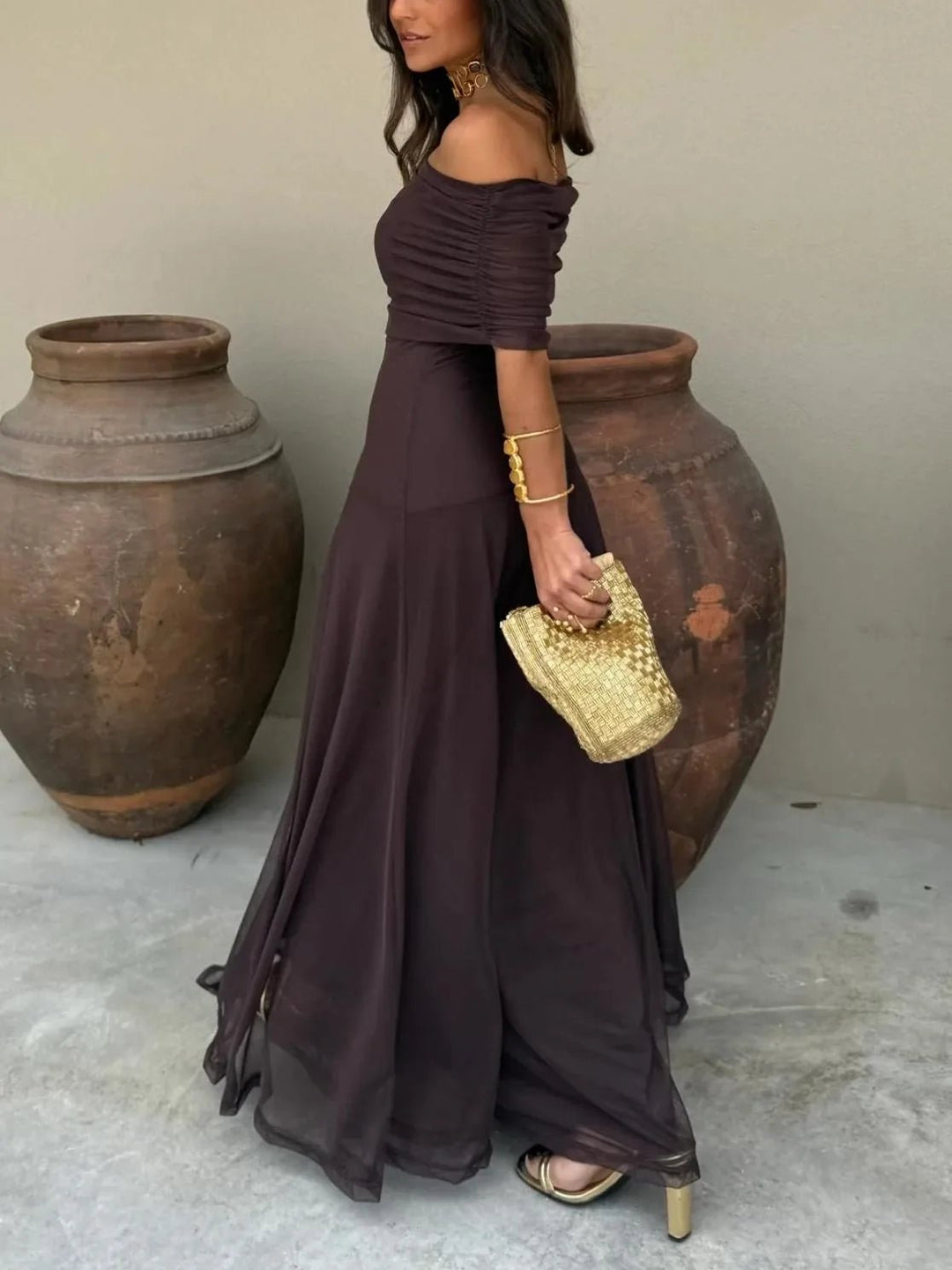 Margaret | Elegant Off - Shoulder Ruched Maxi Dress - Emma's Dresses