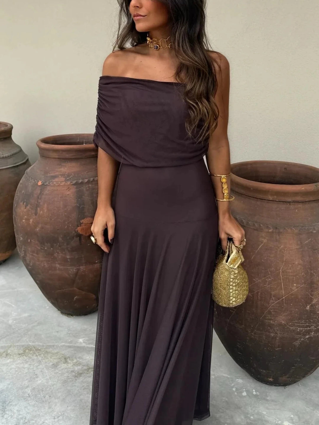 Margaret | Elegant Off - Shoulder Ruched Maxi Dress - Emma's Dresses